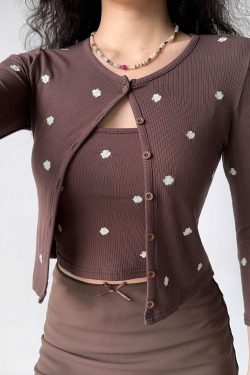 Embroidered Camisole Cardigan Two-Piece Set - Women's Slim Fit Short Sleeve Top in European & American Style, Perfect for Y2K Fashion