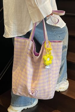 Embroidered Checkered Bucket Bag - Large Capacity, Artistic Design for Summer 2025, Perfect for Students and Commuters