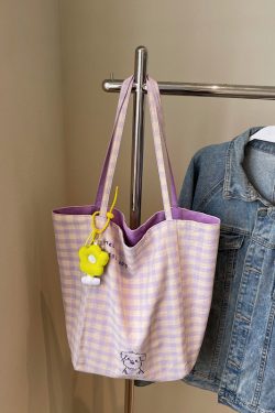Embroidered Checkered Bucket Bag - Large Capacity, Artistic Design for Summer 2025, Perfect for Students and Commuters