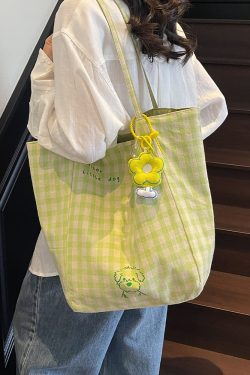 Embroidered Checkered Bucket Bag - Large Capacity, Artistic Design for Summer 2025, Perfect for Students and Commuters