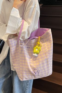 Embroidered Checkered Bucket Bag - Large Capacity, Artistic Design for Summer 2025, Perfect for Students and Commuters