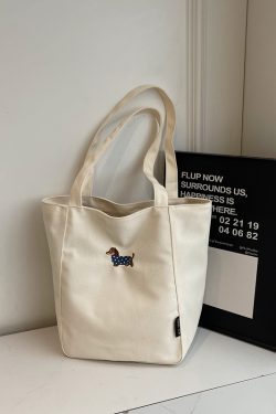 Embroidered Dachshund Canvas Tote Bag for Women, Large Capacity Student Shoulder Bag, Casual Versatile Commuter Style