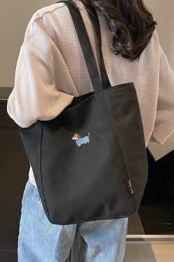 Embroidered Dachshund Canvas Tote Bag for Women, Large Capacity Student Shoulder Bag, Casual Versatile Commuter Style