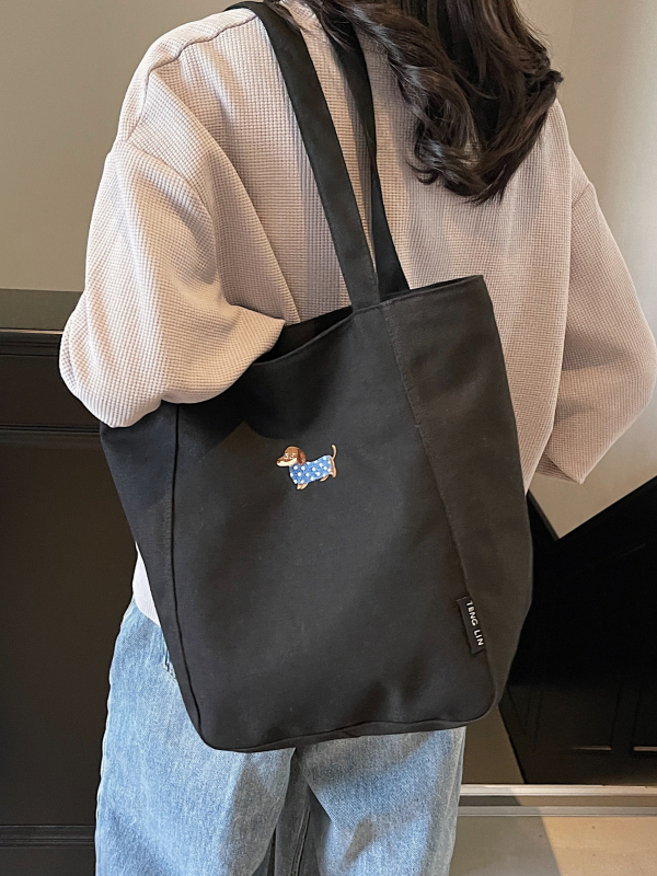 Embroidered Dachshund Canvas Tote Bag for Women, Large Capacity Student Shoulder Bag, Casual Versatile Commuter Style Embroidered Dachshund Canvas Tote Bag for Women, Large Capacity Student Shoulder Bag, Casual Versatile Commuter Style