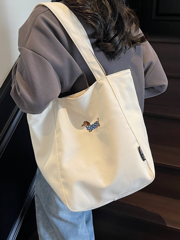 Embroidered Dachshund Canvas Tote Bag for Women, Large Capacity Student Shoulder Bag, Casual Versatile Commuter Style Embroidered Dachshund Canvas Tote Bag for Women, Large Capacity Student Shoulder Bag, Casual Versatile Commuter Style