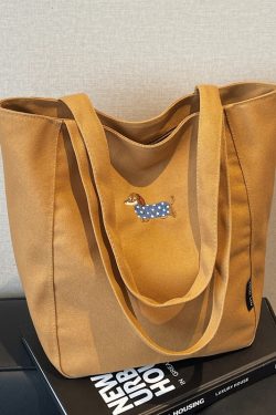 Embroidered Dachshund Canvas Tote Bag for Women, Large Capacity Student Shoulder Bag, Casual Versatile Commuter Style