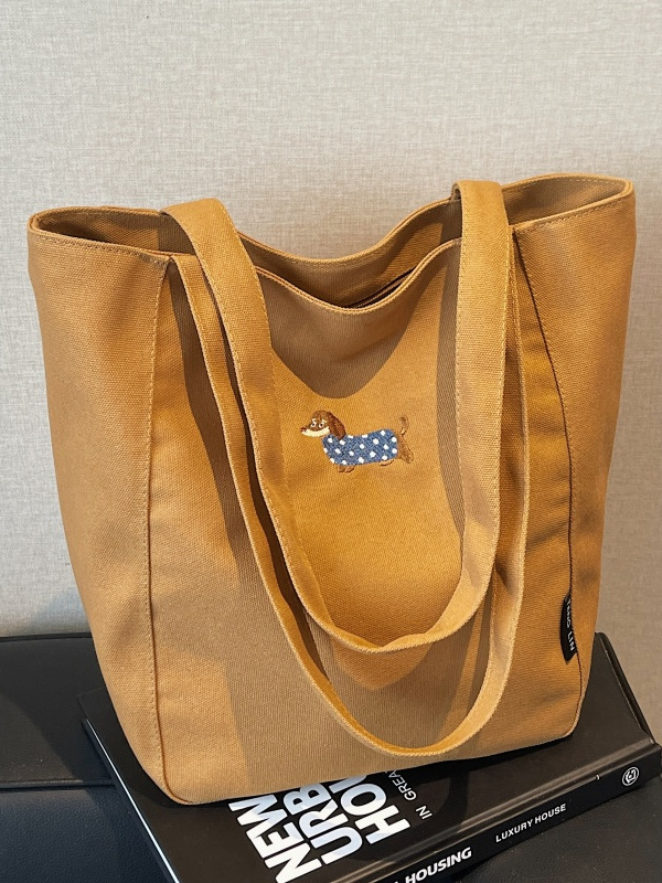 Embroidered Dachshund Canvas Tote Bag for Women, Large Capacity Student Shoulder Bag, Casual Versatile Commuter Style Embroidered Dachshund Canvas Tote Bag for Women, Large Capacity Student Shoulder Bag, Casual Versatile Commuter Style