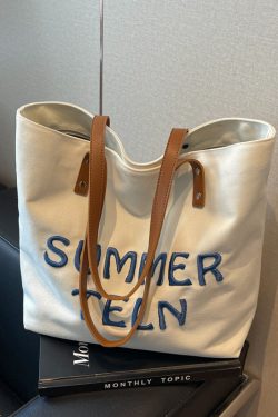 Embroidered Letter Canvas Tote Bag for Women - Large Capacity Commuter Shoulder Bag for College Students - Versatile 2025 Style
