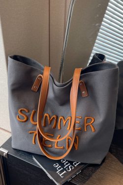 Embroidered Letter Canvas Tote Bag for Women - Large Capacity Commuter Shoulder Bag for College Students - Versatile 2025 Style