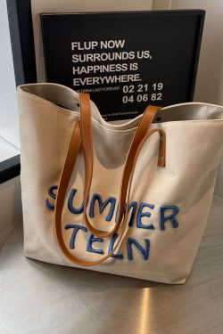 Embroidered Letter Canvas Tote Bag for Women - Large Capacity Commuter Shoulder Bag for College Students - Versatile 2025 Style