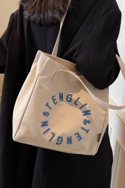 Embroidered Letter Canvas Tote Bag for Women - Large Capacity Shoulder Bag, Unique Versatile Commuter Style, 2025 Fashion