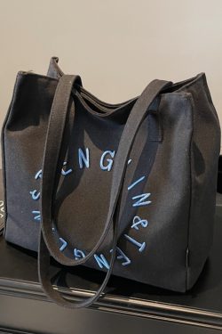 Embroidered Letter Canvas Tote Bag for Women - Large Capacity Shoulder Bag, Unique Versatile Commuter Style, 2025 Fashion