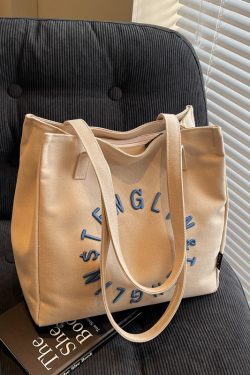 Embroidered Letter Canvas Tote Bag for Women - Large Capacity Shoulder Bag, Unique Versatile Commuter Style, 2025 Fashion