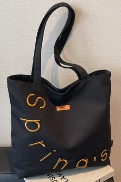 Embroidered Letter Canvas Tote Bag for Women, Large Capacity Casual Shoulder Bag, Versatile Student Commuting Handbag