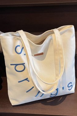 Embroidered Letter Canvas Tote Bag for Women, Large Capacity Casual Shoulder Bag, Versatile Student Commuting Handbag