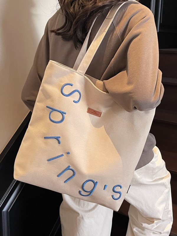 Embroidered Letter Canvas Tote Bag for Women, Large Capacity Casual Shoulder Bag, Versatile Student Commuting Handbag Embroidered Letter Canvas Tote Bag for Women, Large Capacity Casual Shoulder Bag, Versatile Student Commuting Handbag