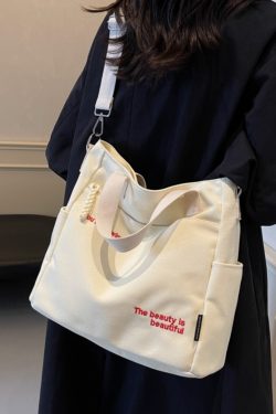Embroidered Letter Canvas Tote Bag for Women, Large Capacity Commuter Handbag, Versatile Crossbody Bag for School & Daily Use