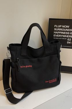 Embroidered Letter Canvas Tote Bag for Women, Large Capacity Commuter Handbag, Versatile Crossbody Bag for School & Daily Use