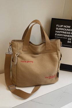 Embroidered Letter Canvas Tote Bag for Women, Large Capacity Commuter Handbag, Versatile Crossbody Bag for School & Daily Use