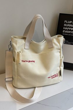 Embroidered Letter Canvas Tote Bag for Women, Large Capacity Commuter Handbag, Versatile Crossbody Bag for School & Daily Use