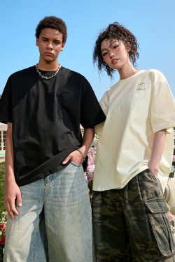 Embroidered Letter Minimalist Short Sleeve T-Shirt - American Vintage Heavyweight Unisex Trendy 2025 Summer Fashion Essential