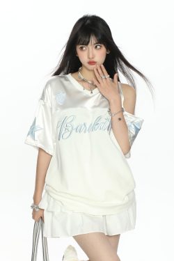 Embroidered Off-Shoulder Short Sleeve T-Shirt for Women - Summer Loose Fit Slimming V-Neck Casual Top - Y2K Style