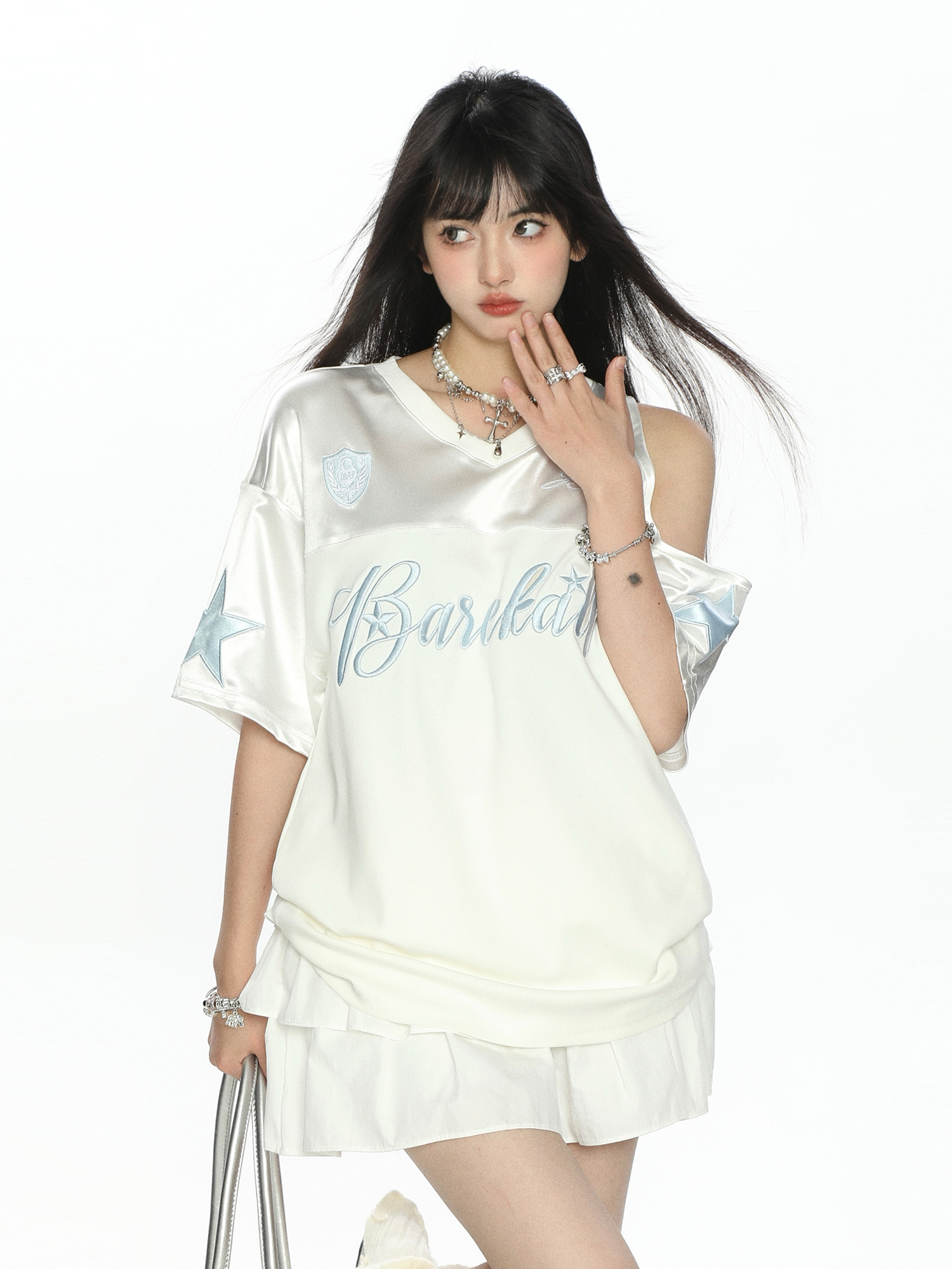 Embroidered Off-Shoulder Short Sleeve T-Shirt for Women - Summer Loose Fit Slimming V-Neck Casual Top - Y2K Style Embroidered Off-Shoulder Short Sleeve T-Shirt for Women - Summer Loose Fit Slimming V-Neck Casual Top - Y2K Style