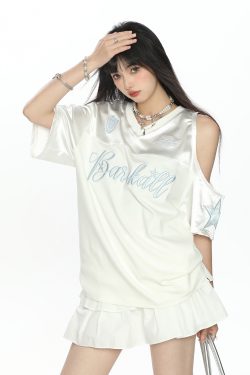 Embroidered Off-Shoulder Short Sleeve T-Shirt for Women - Summer Loose Fit Slimming V-Neck Casual Top - Y2K Style