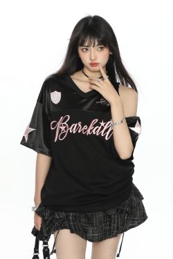 Embroidered Off-Shoulder Short Sleeve T-Shirt for Women - Summer Loose Fit Slimming V-Neck Casual Top - Y2K Style