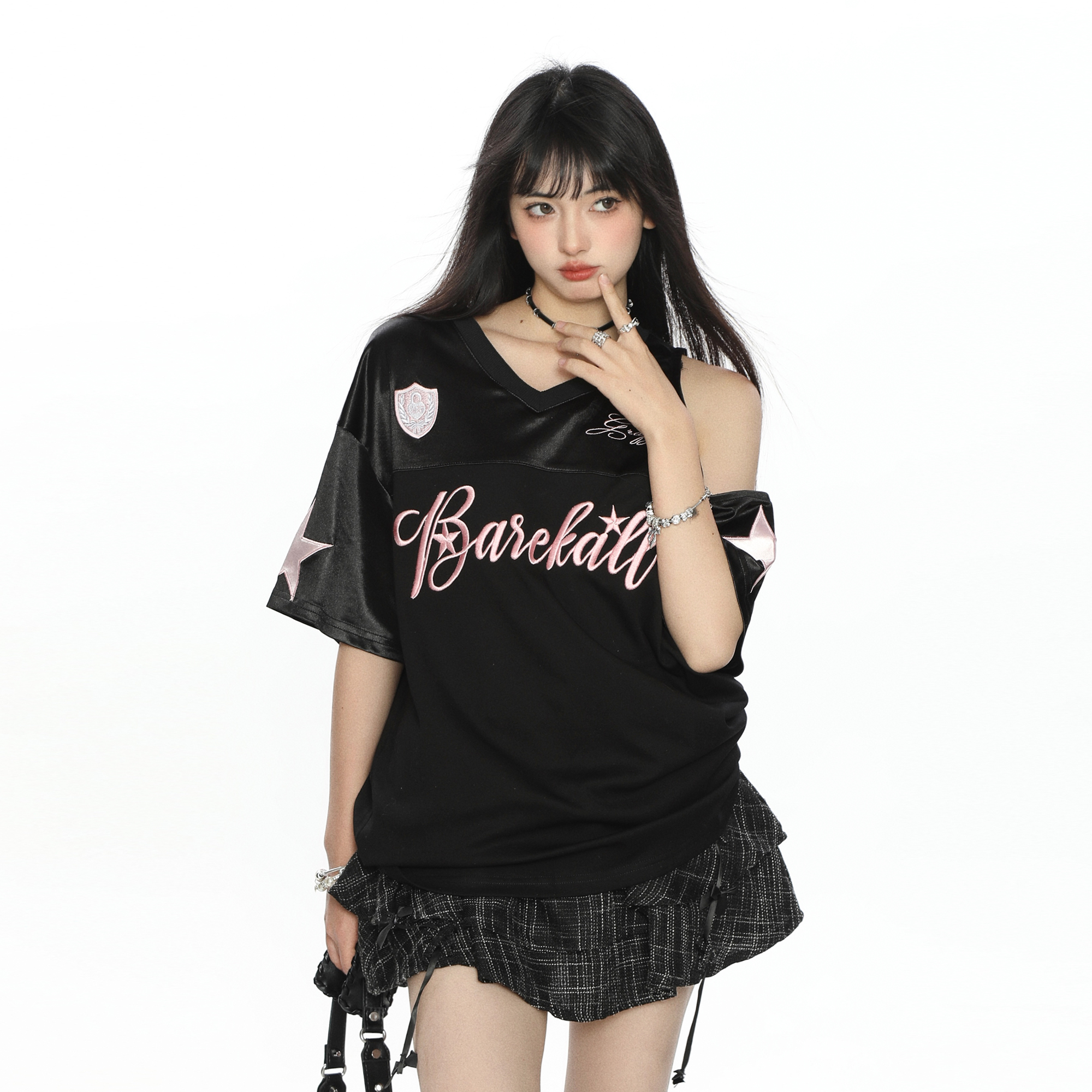 Embroidered Off-Shoulder Short Sleeve T-Shirt for Women - Summer Loose Fit Slimming V-Neck Casual Top - Y2K Style Embroidered Off-Shoulder Short Sleeve T-Shirt for Women - Summer Loose Fit Slimming V-Neck Casual Top - Y2K Style