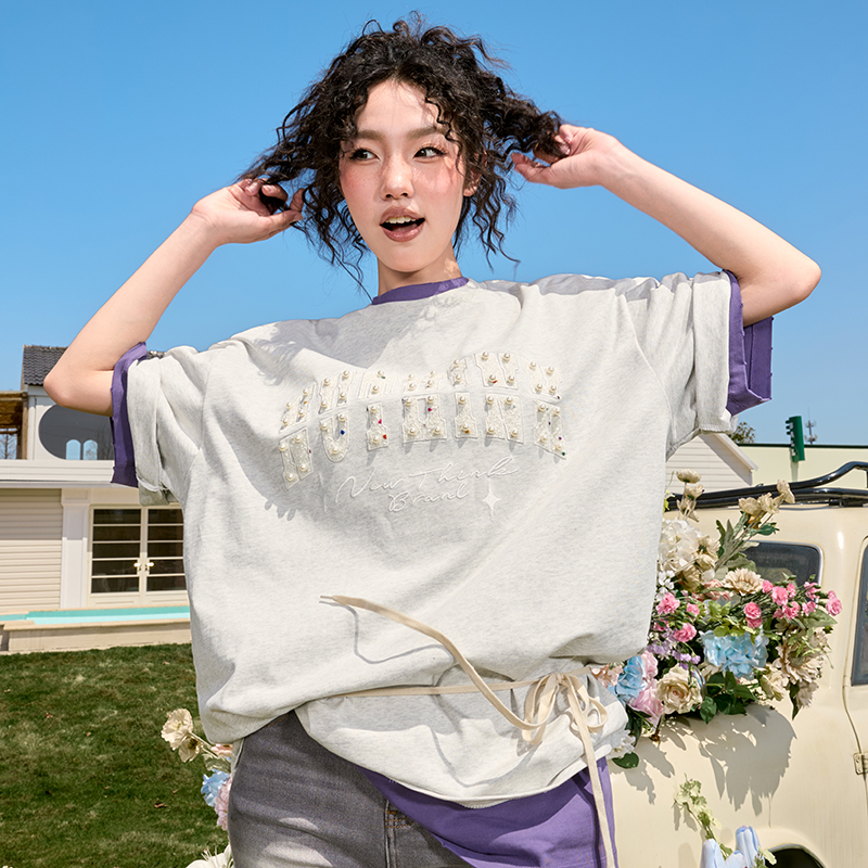 Embroidered Pearl Heavyweight Short Sleeve T-Shirt - Vintage American Style, Loose Fit, Unisex, Trendy Summer 2025 Fashion Embroidered Pearl Heavyweight Short Sleeve T-Shirt - Vintage American Style, Loose Fit, Unisex, Trendy Summer 2025 Fashion