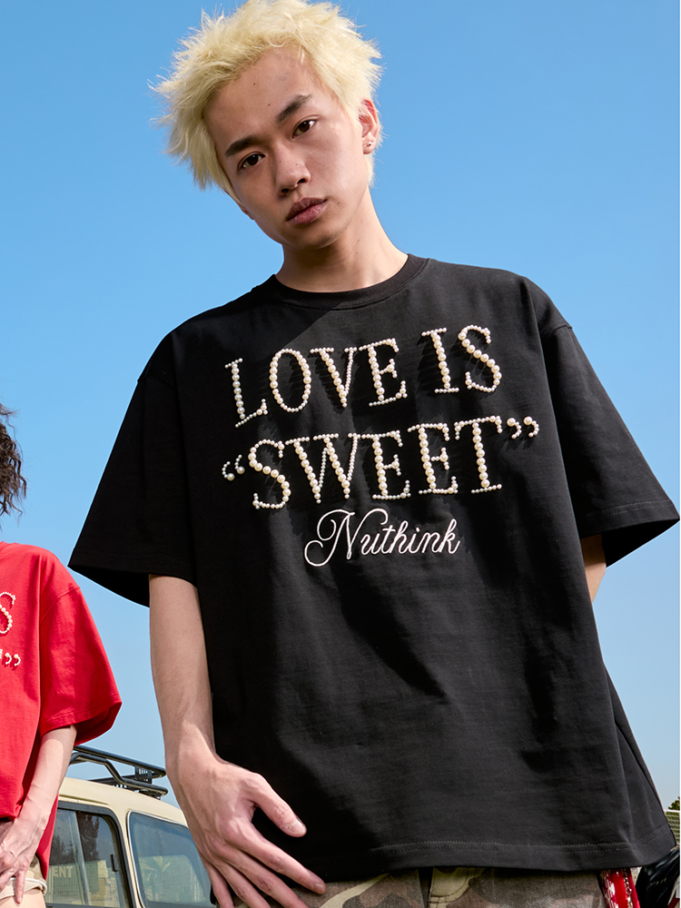 Embroidered Pearl Letter T-Shirt - Short Sleeve American Vintage Heavy Loose Unisex - 90s Y2K Summer Style Embroidered Pearl Letter T-Shirt - Short Sleeve American Vintage Heavy Loose Unisex - 90s Y2K Summer Style