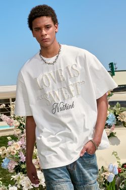 Embroidered Pearl Letter T-Shirt - Short Sleeve American Vintage Heavy Loose Unisex - 90s Y2K Summer Style