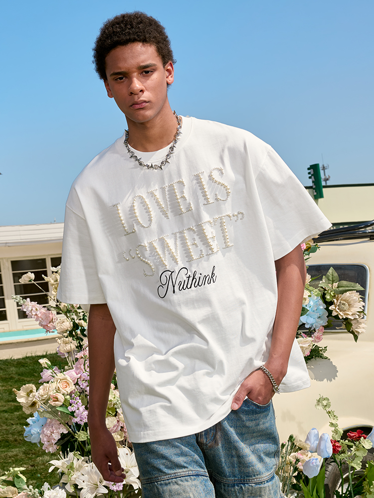 Embroidered Pearl Letter T-Shirt - Short Sleeve American Vintage Heavy Loose Unisex - 90s Y2K Summer Style Embroidered Pearl Letter T-Shirt - Short Sleeve American Vintage Heavy Loose Unisex - 90s Y2K Summer Style