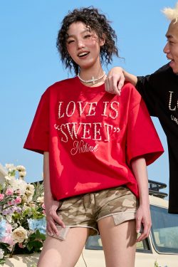 Embroidered Pearl Letter T-Shirt - Short Sleeve American Vintage Heavy Loose Unisex - 90s Y2K Summer Style