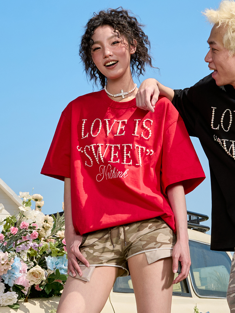 Embroidered Pearl Letter T-Shirt - Short Sleeve American Vintage Heavy Loose Unisex - 90s Y2K Summer Style Embroidered Pearl Letter T-Shirt - Short Sleeve American Vintage Heavy Loose Unisex - 90s Y2K Summer Style