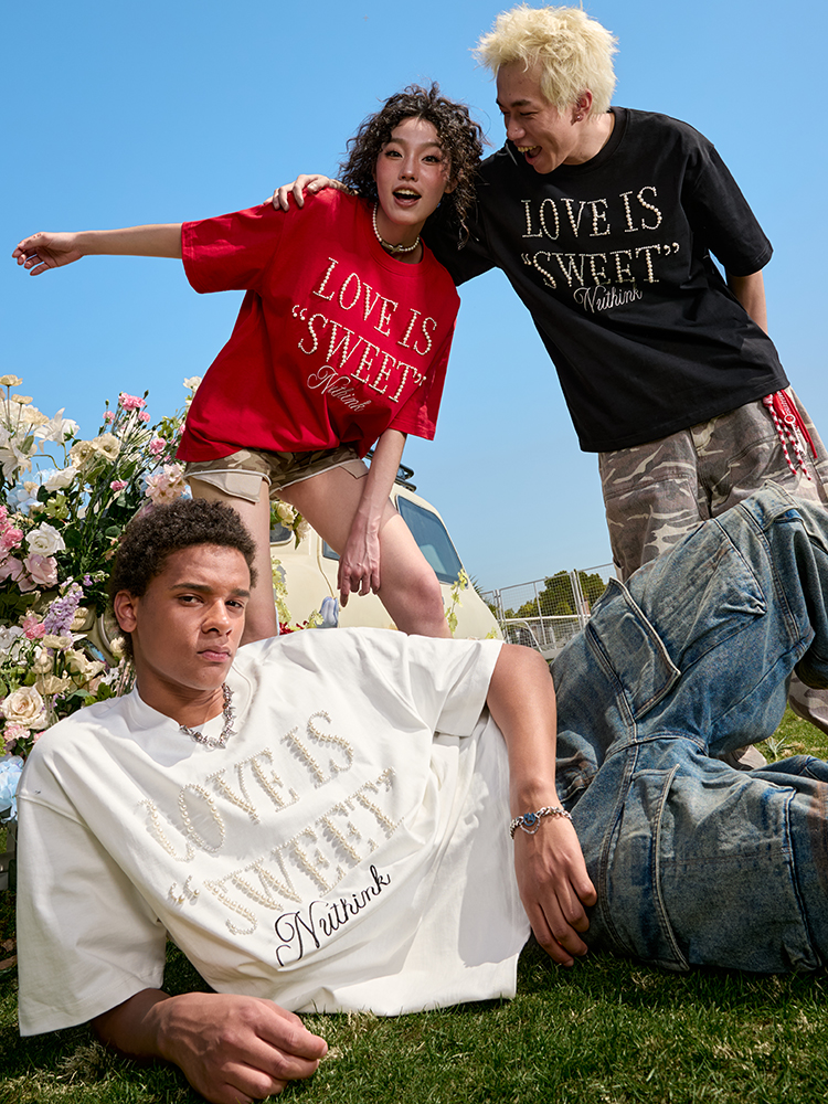 Embroidered Pearl Letter T-Shirt - Short Sleeve American Vintage Heavy Loose Unisex - 90s Y2K Summer Style Embroidered Pearl Letter T-Shirt - Short Sleeve American Vintage Heavy Loose Unisex - 90s Y2K Summer Style