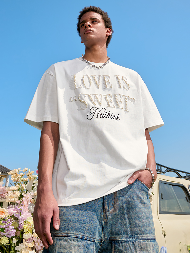Embroidered Pearl Letter T-Shirt - Short Sleeve American Vintage Heavy Loose Unisex - 90s Y2K Summer Style Embroidered Pearl Letter T-Shirt - Short Sleeve American Vintage Heavy Loose Unisex - 90s Y2K Summer Style