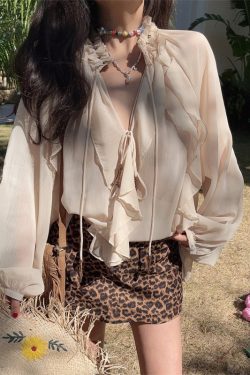 Ethereal Bohemian Ruffled Long-Sleeve Shirt for Women - 2025 Spring/Summer Vacation Top
