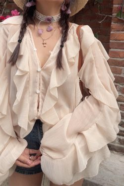 Ethereal French Style Lantern Sleeve Long Sleeve Shirt Top with Lace Trim for Spring and Summer Vacation Fashion