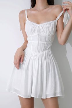 Ethereal White V-Neck Wrap Dress - Spaghetti Strap, Waist-Cinching, Slim Fit Summer Style for a French-Inspired Look