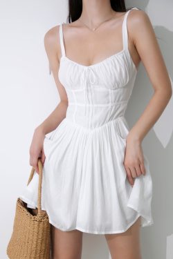Ethereal White V-Neck Wrap Dress - Spaghetti Strap, Waist-Cinching, Slim Fit Summer Style for a French-Inspired Look