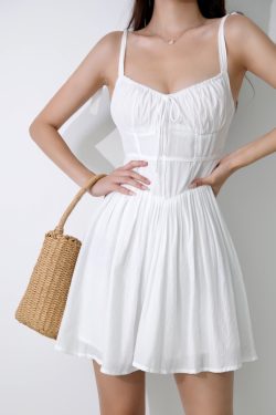 Ethereal White V-Neck Wrap Dress - Spaghetti Strap, Waist-Cinching, Slim Fit Summer Style for a French-Inspired Look
