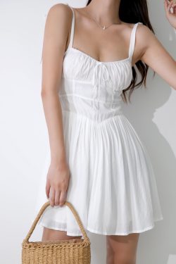 Ethereal White V-Neck Wrap Dress - Spaghetti Strap, Waist-Cinching, Slim Fit Summer Style for a French-Inspired Look