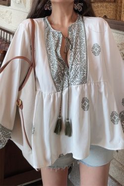 Ethnic Lantern Sleeve Tassel Tie Loose Blouse - Early Autumn Australian Style Vacation Shirt Top