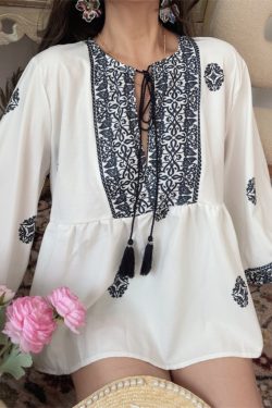 Ethnic Lantern Sleeve Tassel Tie Loose Blouse - Early Autumn Australian Style Vacation Shirt Top