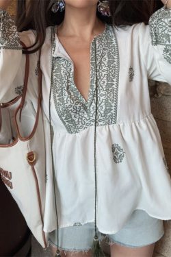 Ethnic Lantern Sleeve Tassel Tie Loose Blouse - Early Autumn Australian Style Vacation Shirt Top