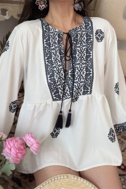 Ethnic Lantern Sleeve Tassel Tie Loose Blouse - Early Autumn Australian Style Vacation Shirt Top