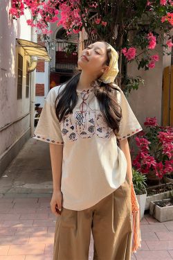 Ethnic Style Letter Pattern Embroidered Collar Short Sleeve Top - Spring/Summer National Trend Fashion