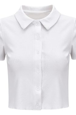 European American Minimalist Slim-Fit Polo Collar Knitted Short Sleeve T-Shirt with Lace Cardigan for Women - Chic 90s Style